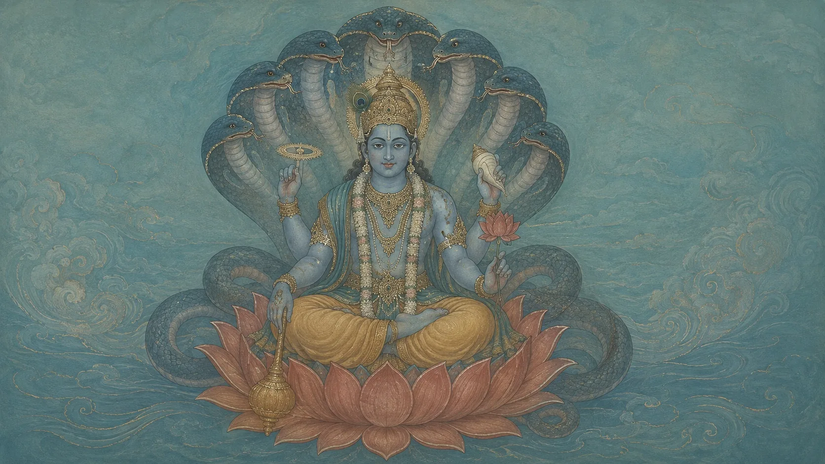 Traditional depiction of Vishnu and Lakshmi