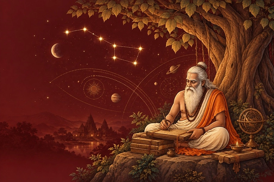 Artistic illustration of Maharishi Bhrigu and the Saptarishis beneath the night sky